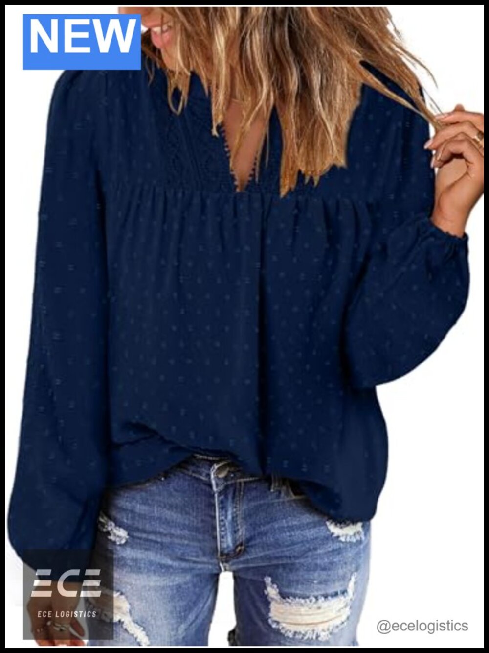 Women's Boho Long Sleeve V Neck Swiss Dot Flowy Tunic Blouse